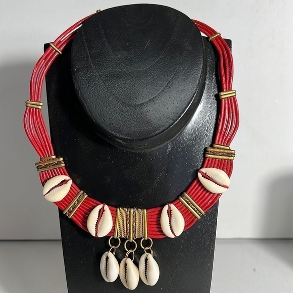 🌺HANDCRAFTED Vintage Red Leather Checker Hawaiian with Shells🐚 - Picture 1 of 5